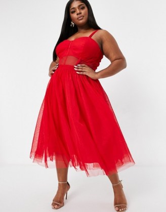 Lace & Beads Plus exclusive prom midi dress with mesh corset waist detail in red ~ semi sheer fit and flare dresses ~ plus size party fashion - flipped