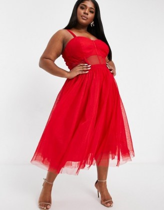 Lace & Beads Plus exclusive prom midi dress with mesh corset waist detail in red ~ semi sheer fit and flare dresses ~ plus size party fashion