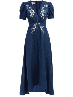 SALONI Lea floral-embroidered silk-crepe midi dress | navy-blue deep V neckline dresses | puff sleeve fashion - flipped
