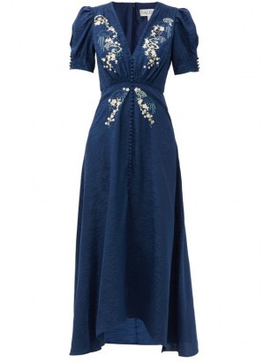 SALONI Lea floral-embroidered silk-crepe midi dress | navy-blue deep V neckline dresses | puff sleeve fashion