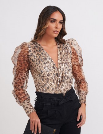 FOREVER UNIQUE Leopard Print Sequined Organza Bodysuit / sheer sleeve evening fashion / sequinned bodysuits - flipped