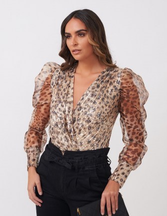 FOREVER UNIQUE Leopard Print Sequined Organza Bodysuit / sheer sleeve evening fashion / sequinned bodysuits