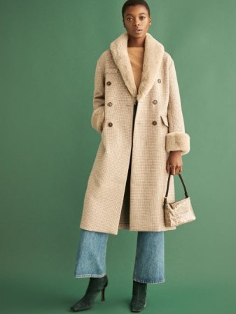 REFORMATION Lester Coat ~ taupe checked winter coats ~ faux fur collar outerwear - flipped