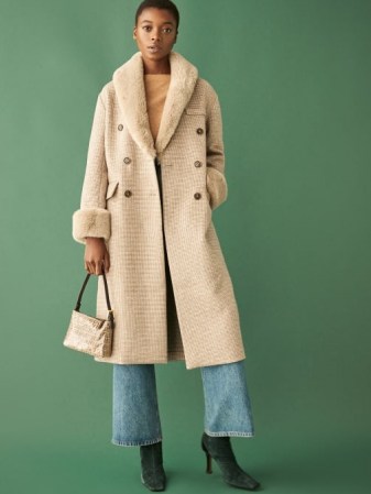 REFORMATION Lester Coat ~ taupe checked winter coats ~ faux fur collar outerwear