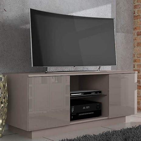 Lima Grey High Gloss TV Stand – features two cupboards with shelves which are ideal for storing DVDs or console games. It also features an open shelf in the middle made from tempered glass that is perfect for holding your AV equipment - flipped