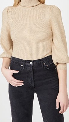 Line & Dot Aria Puff Sleeve Sweater in Taupe | neutral high neck jumpers - flipped