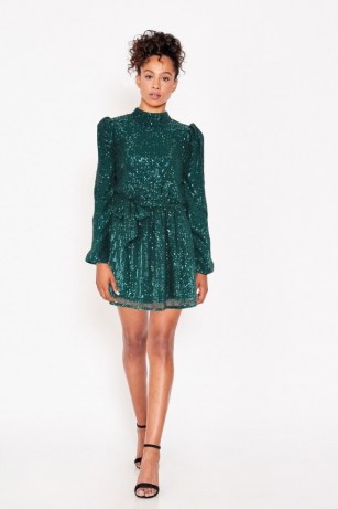 LITTLE MISTRESS ARINA EMERALD SEQUIN HIGH-NECK MINI DRESS ~ green sequinned party dresses - flipped