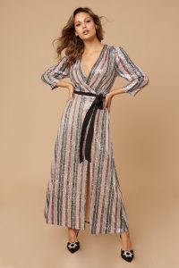 LITTLE MISTRESS KADENCE SEQUIN STRIPE WRAP MAXI DRESS ~ 70s style sequinned dresses ~ vintage look evening fashion ~ seventies glamour