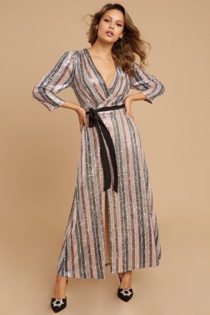 LITTLE MISTRESS KADENCE SEQUIN STRIPE WRAP MAXI DRESS ~ 70s style sequinned dresses ~ vintage look evening fashion ~ seventies glamour - flipped