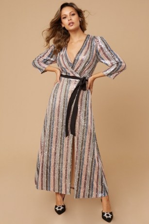 LITTLE MISTRESS KADENCE SEQUIN STRIPE WRAP MAXI DRESS ~ 70s style sequinned dresses ~ vintage look evening fashion ~ seventies glamour