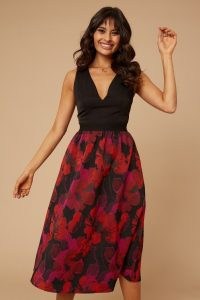 SUTTON FLORAL-PRINT JACQUARD FIT AND FLARE MIDI DRESS ~ sleeveless party dresses