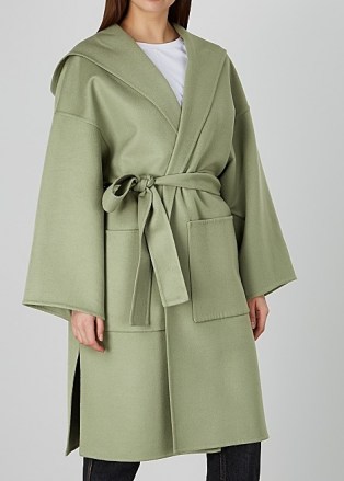 LOEWE Sage hooded wool and cashmere-blend coat – light green wrap coats with hoods - flipped