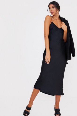 LORNA LUXE BLACK ‘PERFECT’ SATIN SLIP DRESS WITH SPAGETTI STRAPS ~ lbd ~ cami strap dresses ~ celebrity inspired evening fashion