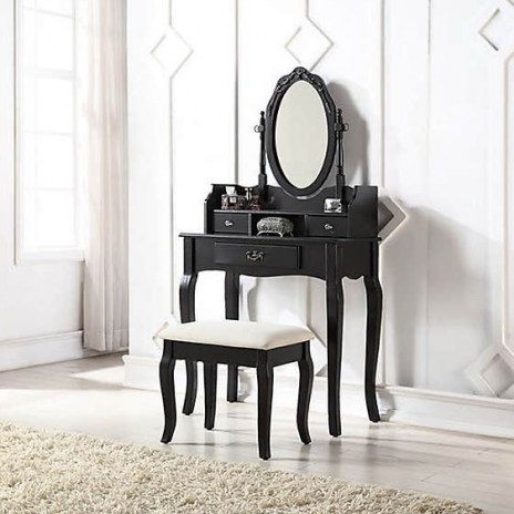 Lumberton Black Antique Dressing Table Set – Pairing a fresh lacquered finish with ornate carvings, it delivers an elegant infusion of country home chic - flipped