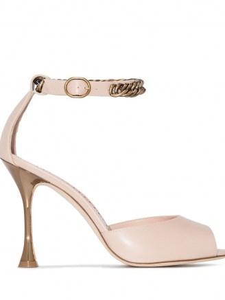 Manolo Blahnik Fombra patent-leather sandals in nude pink / chain detail high heels - flipped