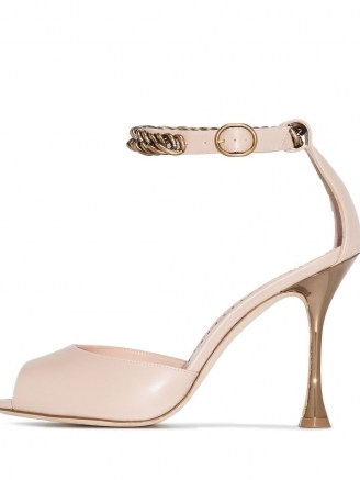 Manolo Blahnik Fombra patent-leather sandals in nude pink / chain detail high heels