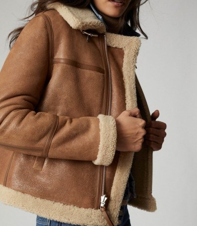 REISS MARGOT REVERSIBLE SHEARLING AVIATOR JACKET TAN ~ light brown winter jackets ~ casual luxe - flipped
