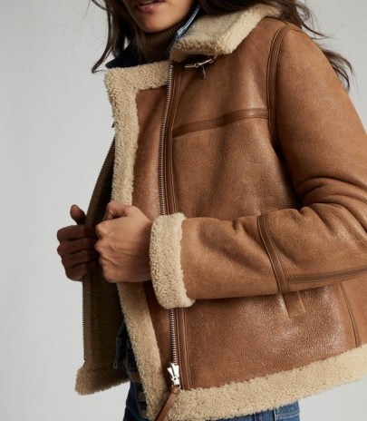 REISS MARGOT REVERSIBLE SHEARLING AVIATOR JACKET TAN ~ light brown winter jackets ~ casual luxe
