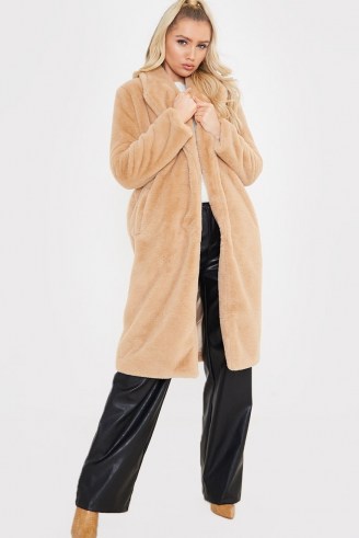 MEGAN MCKENNA TAN FAUX FUR LONGLINE SEVENTIES COAT ~ celebrity style light brown winter coats