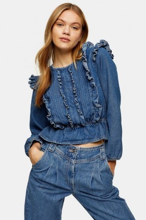Topshop Mid Stone Frill Denim Blouse – blue frilled blouses - flipped