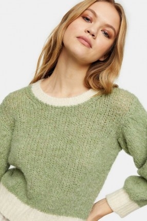 TOPSHOP Mint Contrast Cropped Knitted Jumper | green crop hem jumpers - flipped