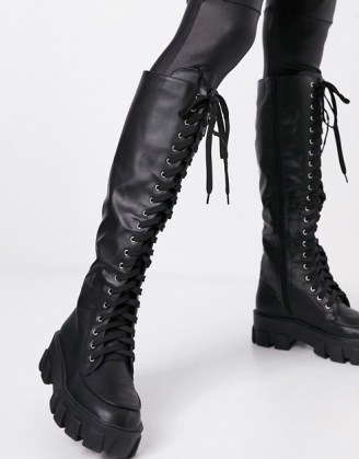 Missguided lace up boots with chunky sole in black ~ thick textured tread boots - flipped