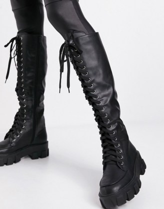 Missguided lace up boots with chunky sole in black ~ thick textured tread boots