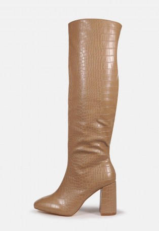 MISSGUIDED mocha croc block heel knee high boots ~ crocodile effect boot ~ chunky heels - flipped