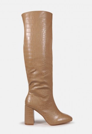 MISSGUIDED mocha croc block heel knee high boots ~ crocodile effect boot ~ chunky heels