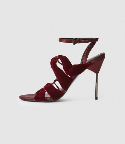 Reiss MONROE VELVET PIN-HEEL SANDALS PLUM ~ luxe stiletto party heels - flipped