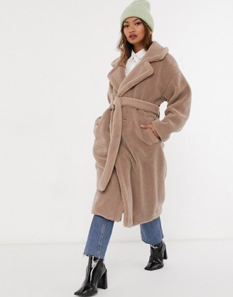 Native Youth oversized belted coat in caramel teddy ~ front wrap winter coats - flipped