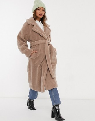 Native Youth oversized belted coat in caramel teddy ~ front wrap winter coats