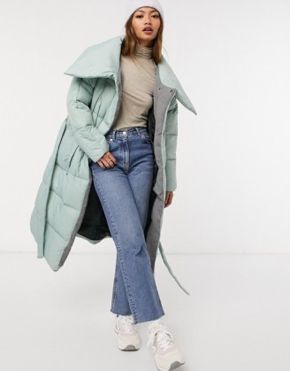 Native Youth oversized longline puffer coat with belt and collar detail dusty mint ~ big green padded winter coats - flipped