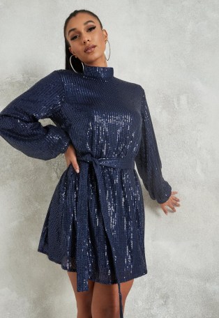 MISSGUIDED navy sequin high neck balloon sleeve mini dress ~ sparkling blue party dresses - flipped