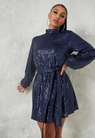 MISSGUIDED navy sequin high neck balloon sleeve mini dress ~ sparkling blue party dresses