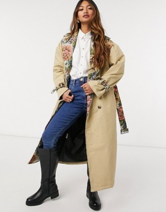Neon Rose relaxed belted trench coat with floral contrast ~ flower print trimmed coats - flipped