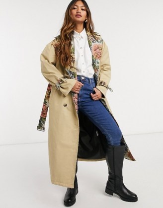Neon Rose relaxed belted trench coat with floral contrast ~ flower print trimmed coats