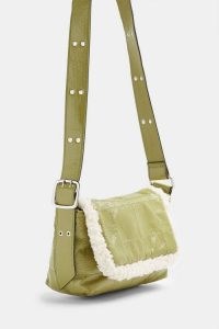 TOPSHOP Olive Vinyl And Borg Shoulder Bag / faux fur trimmed bags / green handbags
