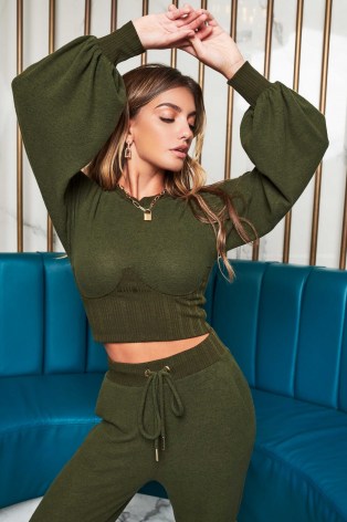 patricia bright corset shaped balloon sleeve jumper in khaki ~ green volume sleeved jumpers - flipped