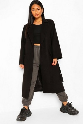 boohoo Petite Belted Wool Look Maxi Coat | longline wrap coats | winter outerwear