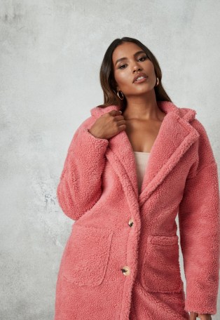 MISSGUIDED petite rose borg teddy patch pocket coat / pink textured winter coats