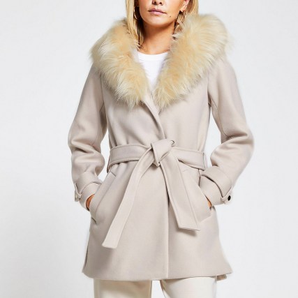 River Island Petite stone belted faux fur hood robe coat – hooded tie waist coats