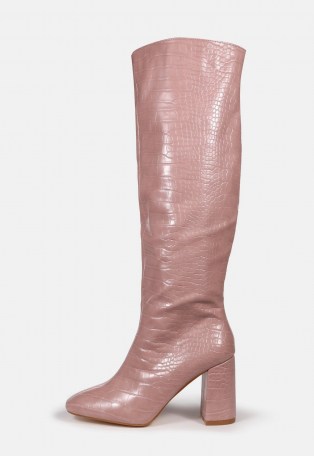 MISSGUIDED pink croc block heel knee high boots - flipped