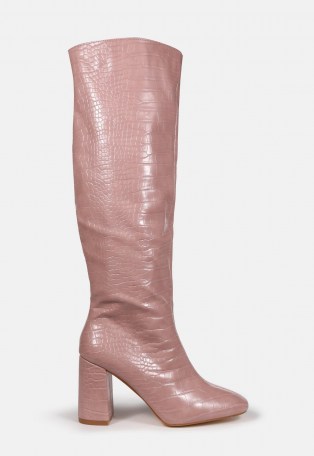 MISSGUIDED pink croc block heel knee high boots