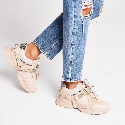 RIVER ISLAND Pink embellished strap lace up trainers / chunky sneakers
