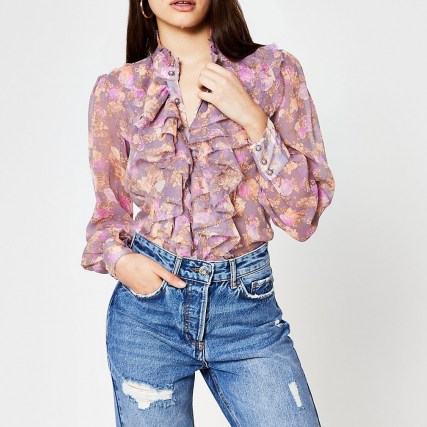 RIVER ISLAND Pink floral long sleeve ruffle neck blouse ~ ruffled blouses - flipped