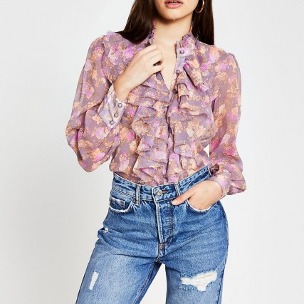RIVER ISLAND Pink floral long sleeve ruffle neck blouse ~ ruffled blouses