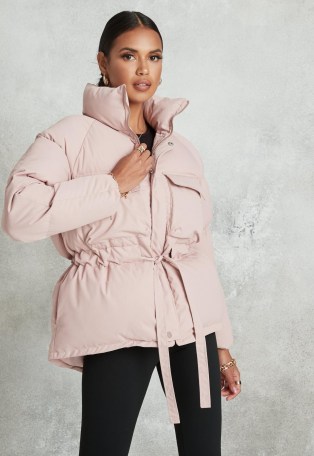 MISSGUIDED pink gathered waist puffer jacket ~ puffy winter jackets - flipped