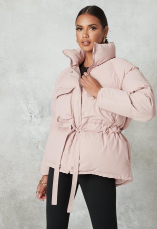 MISSGUIDED pink gathered waist puffer jacket ~ puffy winter jackets