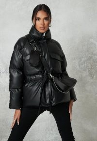 MISSGUIDED black faux leather gathered waist puffer jacket